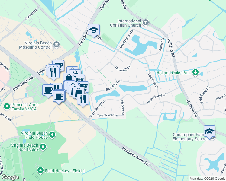 map of restaurants, bars, coffee shops, grocery stores, and more near 3201 Barberry Lane in Virginia Beach
