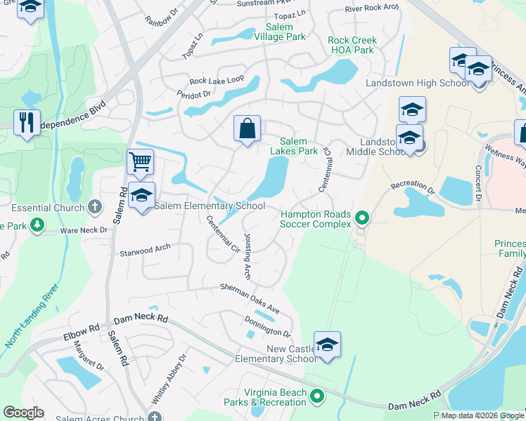map of restaurants, bars, coffee shops, grocery stores, and more near 3836 Jousting Arch in Virginia Beach