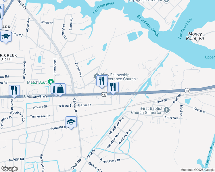 map of restaurants, bars, coffee shops, grocery stores, and more near 2017 Chapel Avenue in Chesapeake