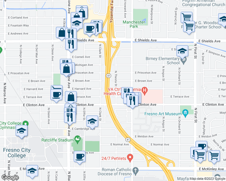 map of restaurants, bars, coffee shops, grocery stores, and more near 2236 East Harvard Avenue in Fresno