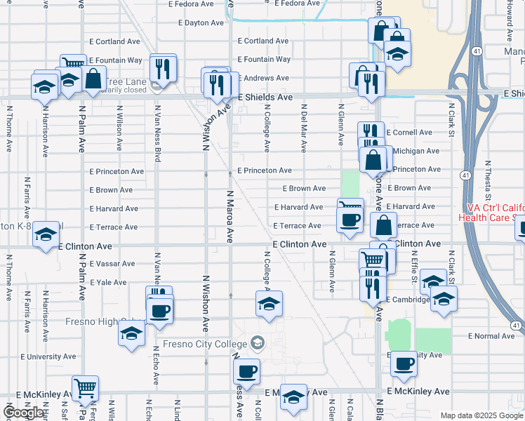 map of restaurants, bars, coffee shops, grocery stores, and more near 1048 East Harvard Avenue in Fresno