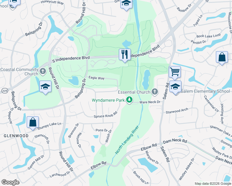 map of restaurants, bars, coffee shops, grocery stores, and more near 1220 Eagle Way in Virginia Beach