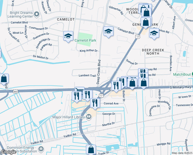 map of restaurants, bars, coffee shops, grocery stores, and more near 916 Deep Creek Boulevard in Chesapeake