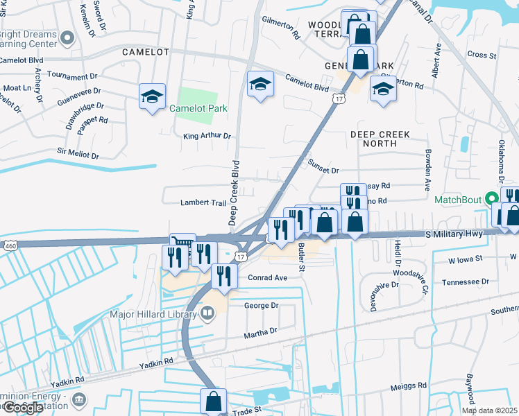 map of restaurants, bars, coffee shops, grocery stores, and more near 920 George Washington Highway North in Chesapeake