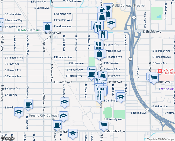 map of restaurants, bars, coffee shops, grocery stores, and more near 1450 East Harvard Avenue in Fresno