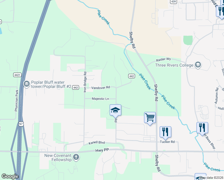 map of restaurants, bars, coffee shops, grocery stores, and more near 3150 Vandover Road in Poplar Bluff
