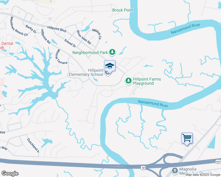 map of restaurants, bars, coffee shops, grocery stores, and more near 2600 River watch Drive in Suffolk