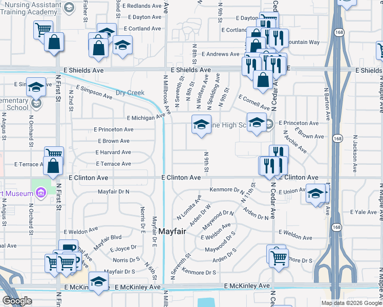 map of restaurants, bars, coffee shops, grocery stores, and more near 3826 East Harvard Avenue in Fresno