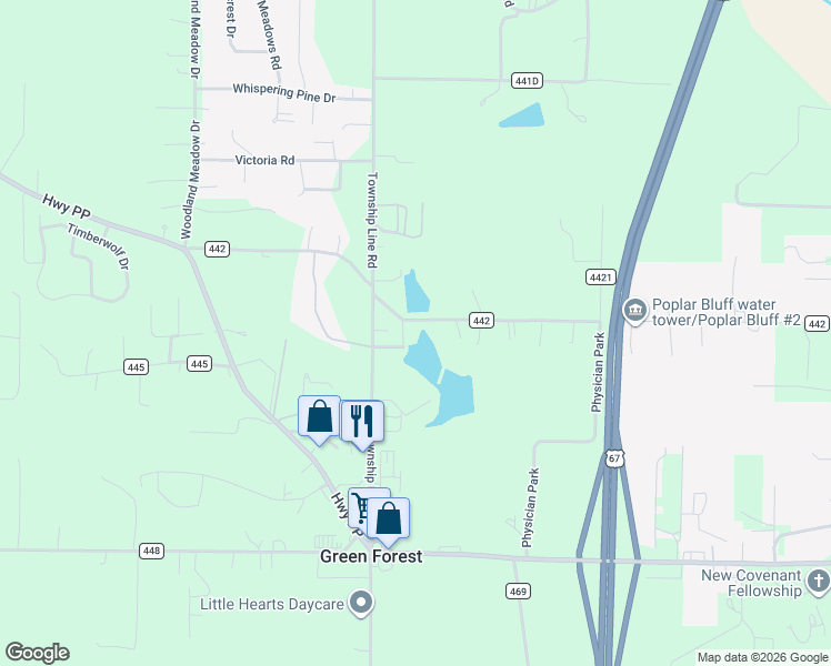 map of restaurants, bars, coffee shops, grocery stores, and more near 874 County Road 442 in Poplar Bluff