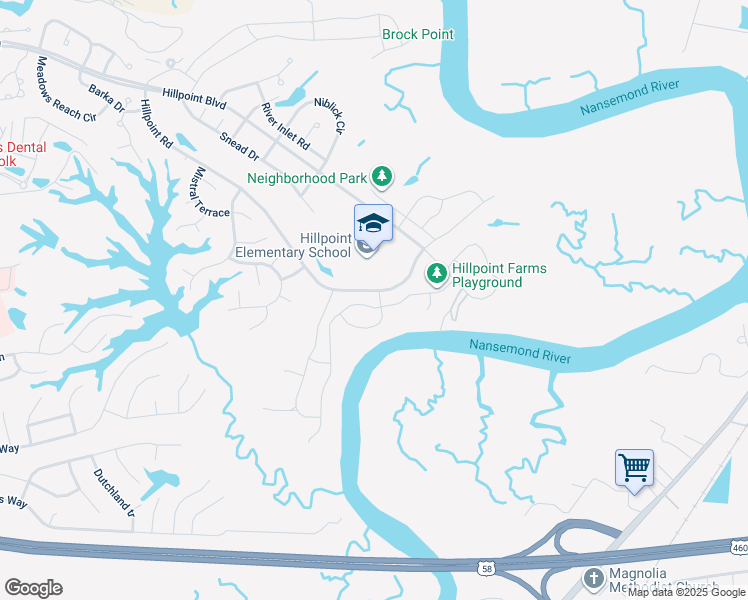 map of restaurants, bars, coffee shops, grocery stores, and more near 2600 River watch Drive in Suffolk