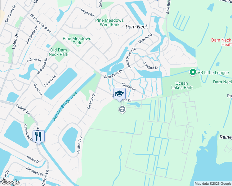 map of restaurants, bars, coffee shops, grocery stores, and more near 924 Firefall Court in Virginia Beach