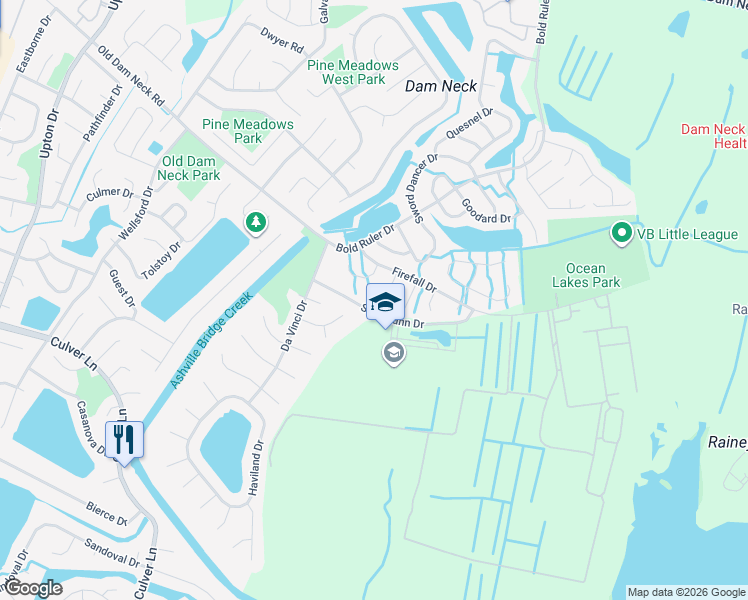map of restaurants, bars, coffee shops, grocery stores, and more near 924 Firefall Court in Virginia Beach