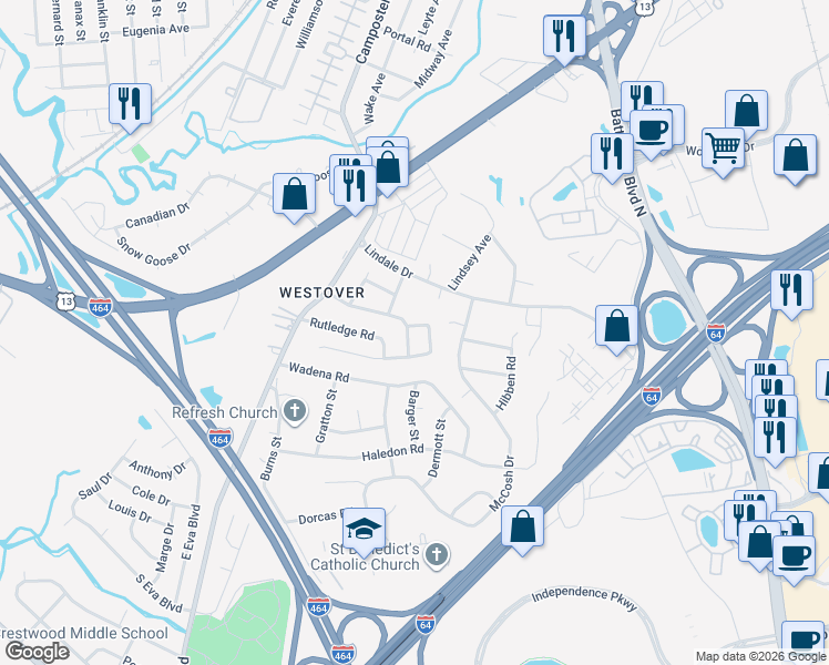 map of restaurants, bars, coffee shops, grocery stores, and more near 902 Carolyn Dr in Chesapeake