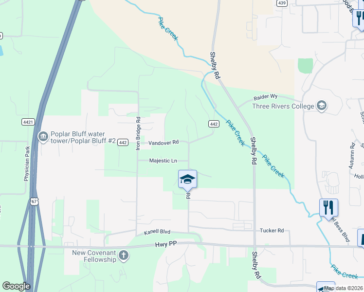 map of restaurants, bars, coffee shops, grocery stores, and more near 3150 Vandover Road in Poplar Bluff