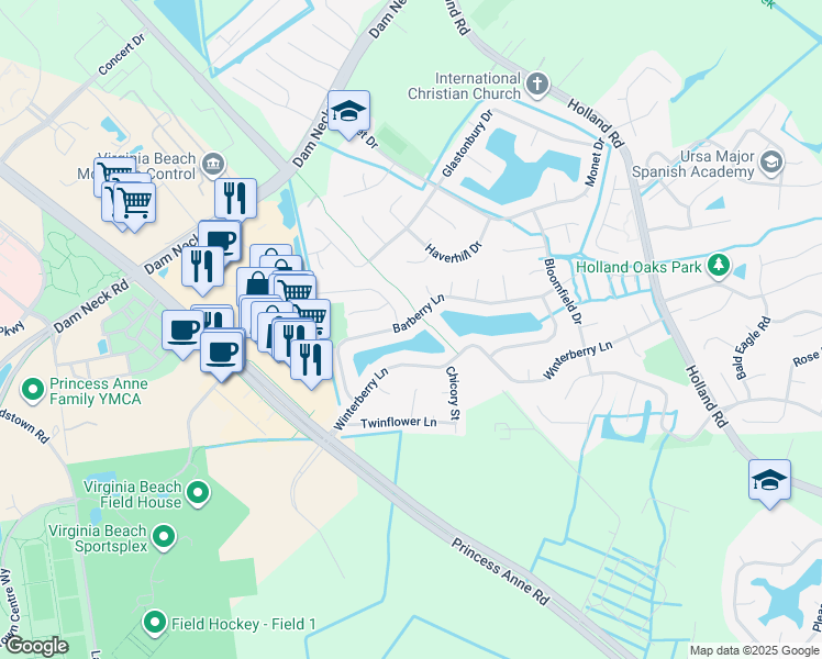 map of restaurants, bars, coffee shops, grocery stores, and more near 3209 Barberry Lane in Virginia Beach