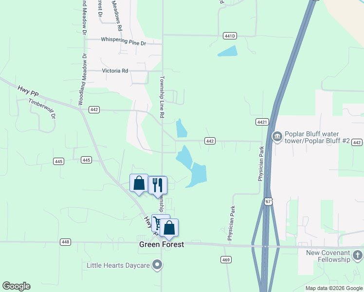 map of restaurants, bars, coffee shops, grocery stores, and more near 874 County Road 442 in Poplar Bluff