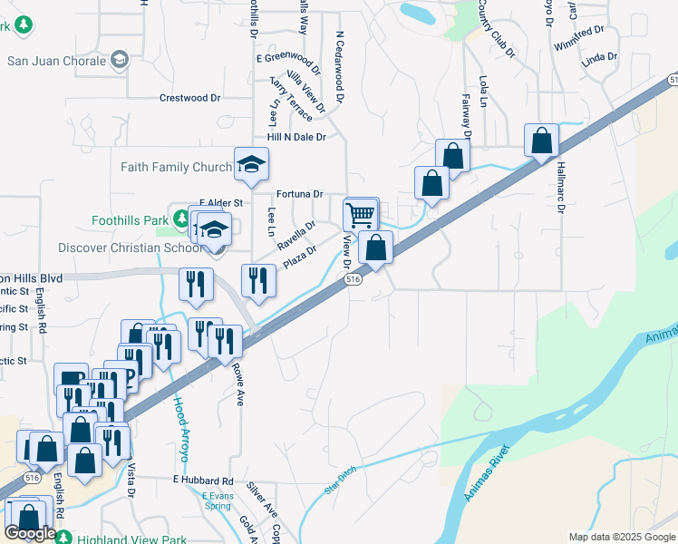 map of restaurants, bars, coffee shops, grocery stores, and more near 5850 East Main Street in Farmington