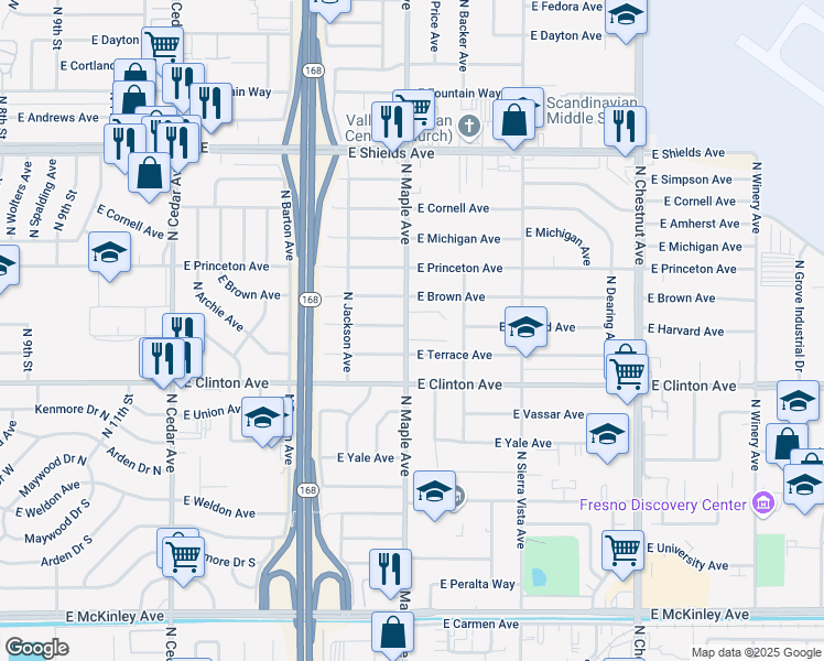 map of restaurants, bars, coffee shops, grocery stores, and more near 2562 North Maple Avenue in Fresno