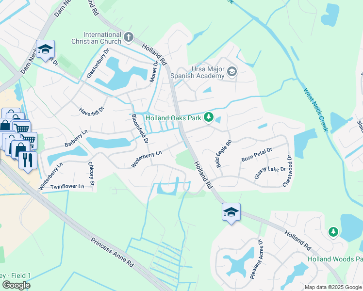 map of restaurants, bars, coffee shops, grocery stores, and more near 3005 Winterberry Lane in Virginia Beach