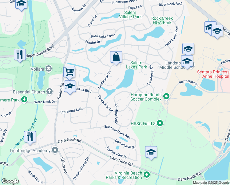 map of restaurants, bars, coffee shops, grocery stores, and more near 3836 Jousting Arch in Virginia Beach