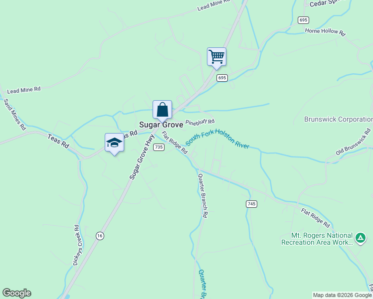 map of restaurants, bars, coffee shops, grocery stores, and more near 189 Flat Ridge Road in Sugar Grove