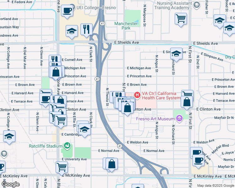 map of restaurants, bars, coffee shops, grocery stores, and more near 2410 East Harvard Avenue in Fresno