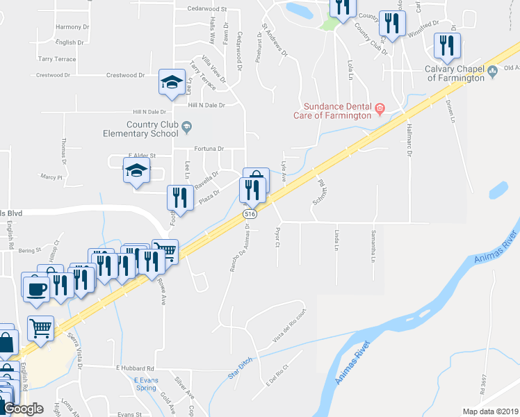 map of restaurants, bars, coffee shops, grocery stores, and more near 5921 East Main Street in Farmington