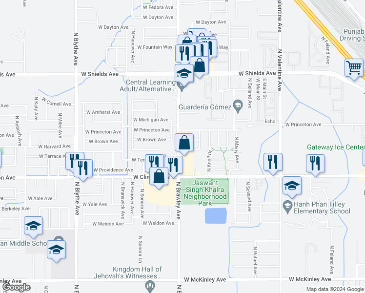 map of restaurants, bars, coffee shops, grocery stores, and more near 3798 West Harvard Avenue in Fresno