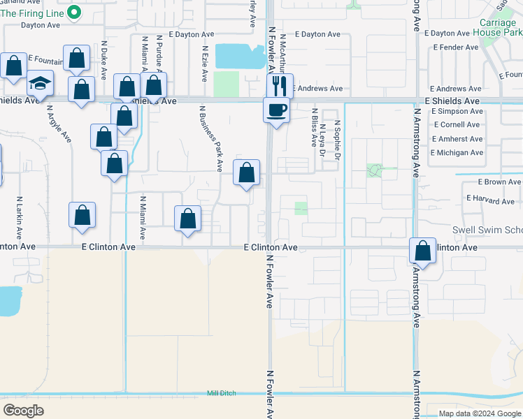 map of restaurants, bars, coffee shops, grocery stores, and more near 2617 North Fowler Avenue in Fresno