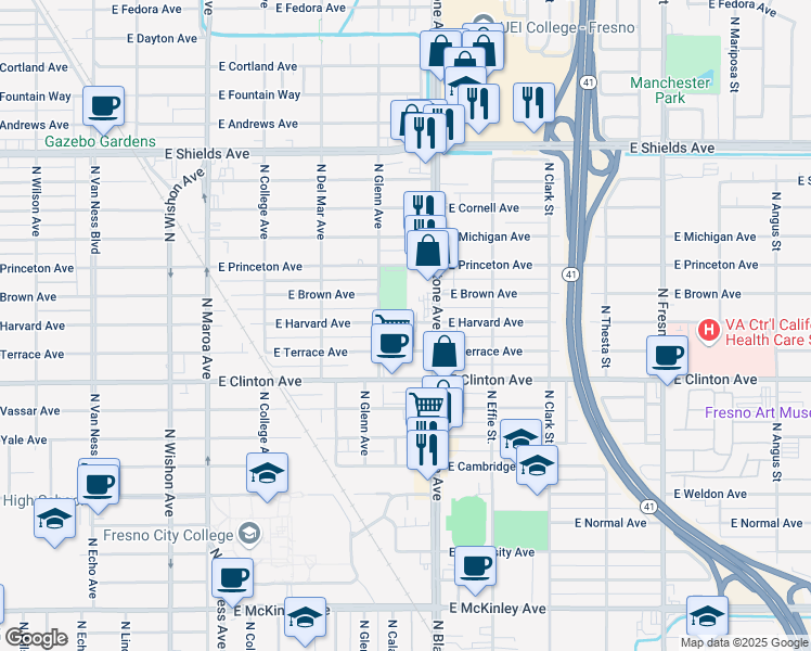 map of restaurants, bars, coffee shops, grocery stores, and more near 2575 North Blackstone Avenue in Fresno