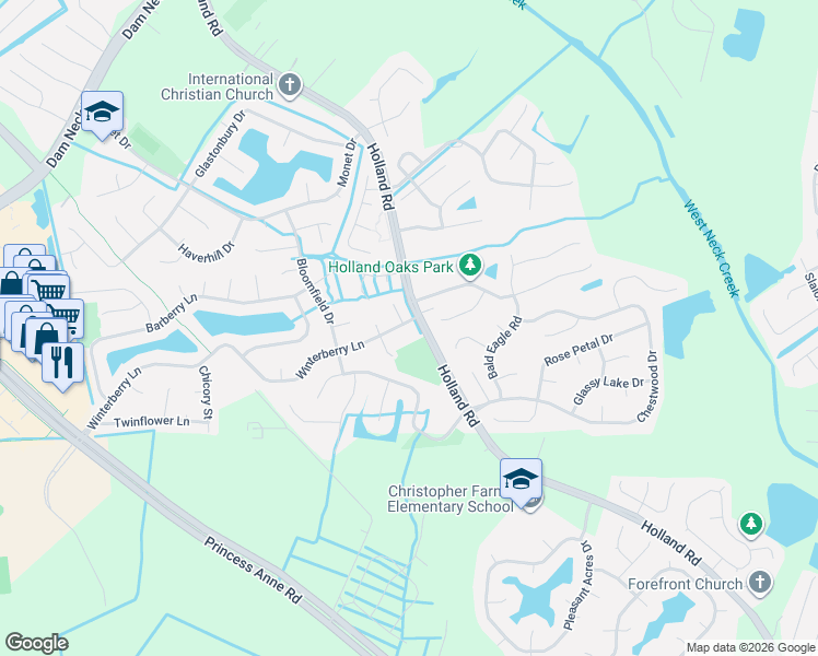 map of restaurants, bars, coffee shops, grocery stores, and more near 3005 Winterberry Lane in Virginia Beach