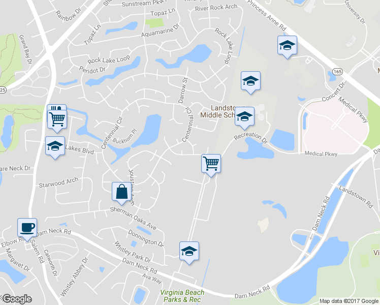 map of restaurants, bars, coffee shops, grocery stores, and more near 1921 Genesee Way in Virginia Beach