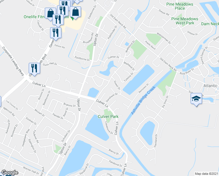 map of restaurants, bars, coffee shops, grocery stores, and more near 1093 Gershwin Court in Virginia Beach