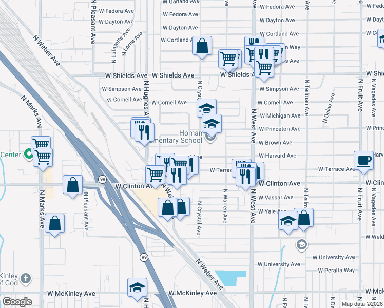 map of restaurants, bars, coffee shops, grocery stores, and more near 1736 West Harvard Avenue in Fresno