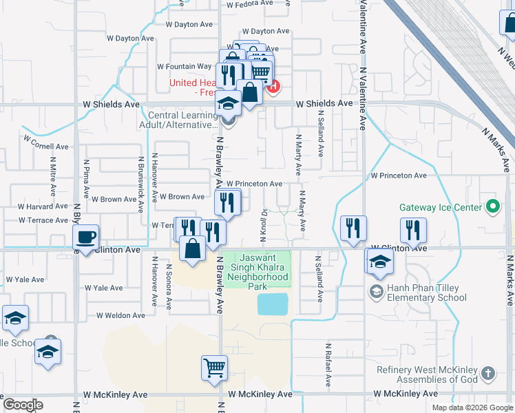 map of restaurants, bars, coffee shops, grocery stores, and more near 2518 North San Pedro Avenue in Fresno