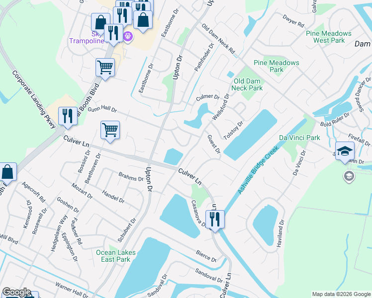 map of restaurants, bars, coffee shops, grocery stores, and more near 1836 Blairmore Arch in Virginia Beach