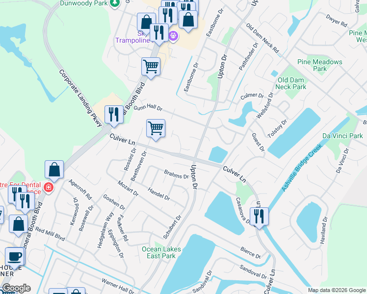 map of restaurants, bars, coffee shops, grocery stores, and more near 1208 Renoir Court in Virginia Beach
