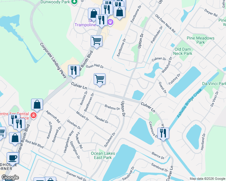 map of restaurants, bars, coffee shops, grocery stores, and more near 1150 Culver Lane in Virginia Beach