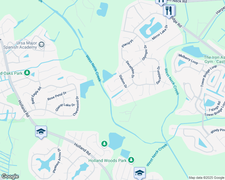 map of restaurants, bars, coffee shops, grocery stores, and more near 2620 Au Sable Place in Virginia Beach