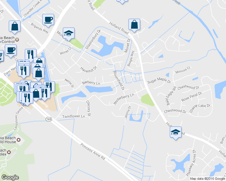 map of restaurants, bars, coffee shops, grocery stores, and more near 3132 Crestwood Lane in Virginia Beach