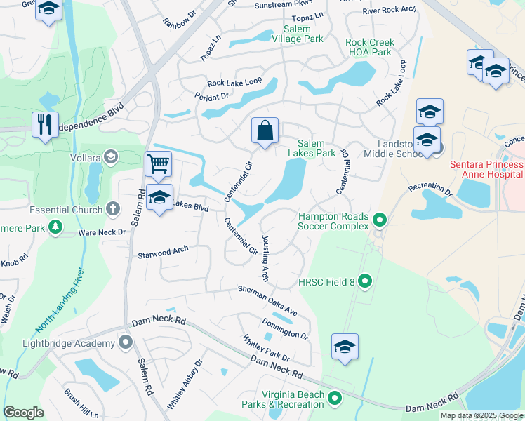 map of restaurants, bars, coffee shops, grocery stores, and more near 3836 Jousting Arch in Virginia Beach