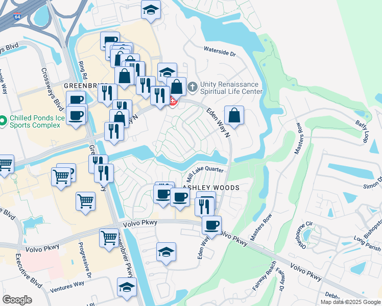 map of restaurants, bars, coffee shops, grocery stores, and more near 1323 Cypress Place in Chesapeake