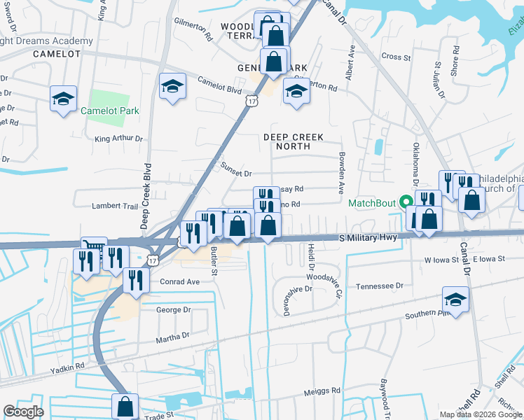 map of restaurants, bars, coffee shops, grocery stores, and more near 2503 Lofurno Road in Chesapeake