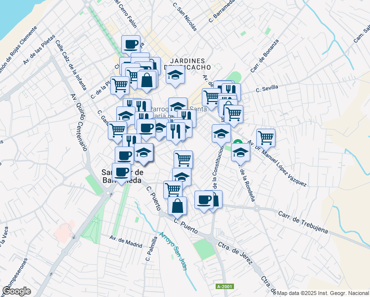 map of restaurants, bars, coffee shops, grocery stores, and more near 2 Calle Palomar in Sanlúcar de Barrameda