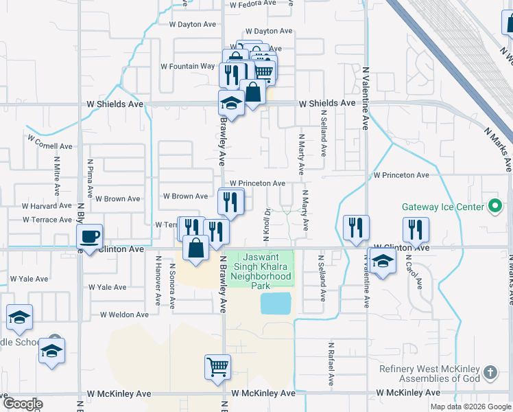 map of restaurants, bars, coffee shops, grocery stores, and more near 2518 North San Pedro Avenue in Fresno