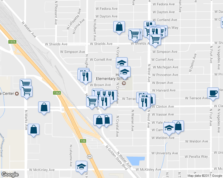 map of restaurants, bars, coffee shops, grocery stores, and more near 1736 West Harvard Avenue in Fresno