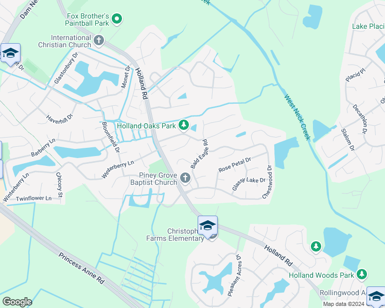 map of restaurants, bars, coffee shops, grocery stores, and more near 2904 Myrtle Oak Court in Virginia Beach