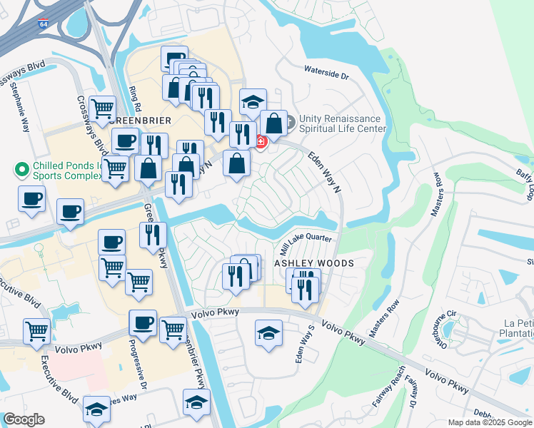map of restaurants, bars, coffee shops, grocery stores, and more near 1312 Cypress Place in Chesapeake