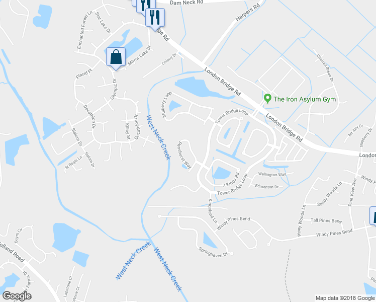 map of restaurants, bars, coffee shops, grocery stores, and more near 2557 Penshurst Way in Virginia Beach