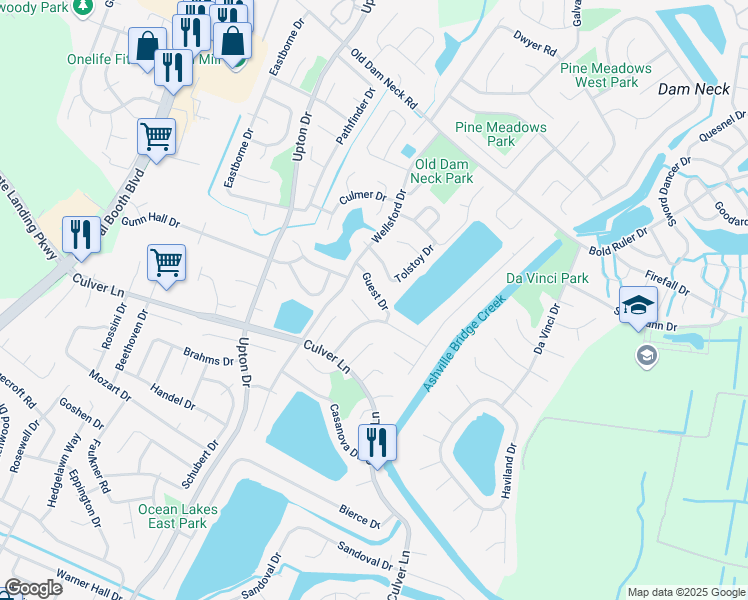 map of restaurants, bars, coffee shops, grocery stores, and more near 1057 Guest Dr in Virginia Beach